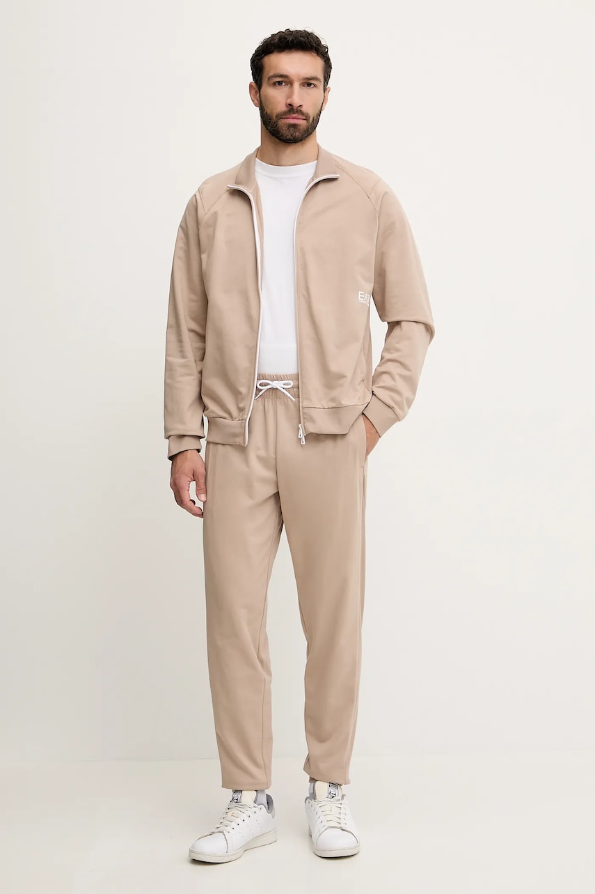 Levně Bavlněná tepláková souprava EA7 Emporio Armani pánská, béžová barva, AF12681.7M000206