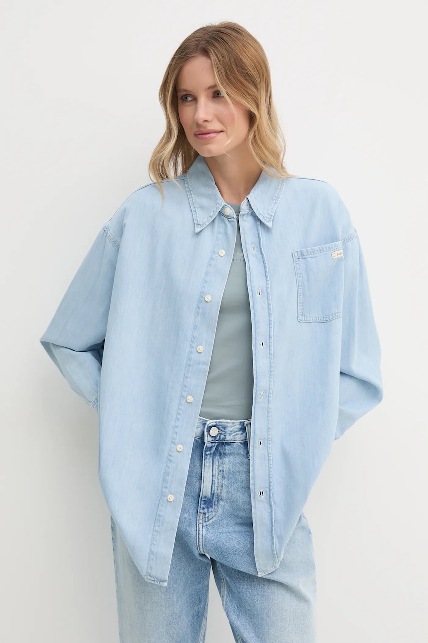Levně Džínová košile Calvin Klein Jeans dámská, modrá barva, relaxed, s klasickým límcem, J20J225010