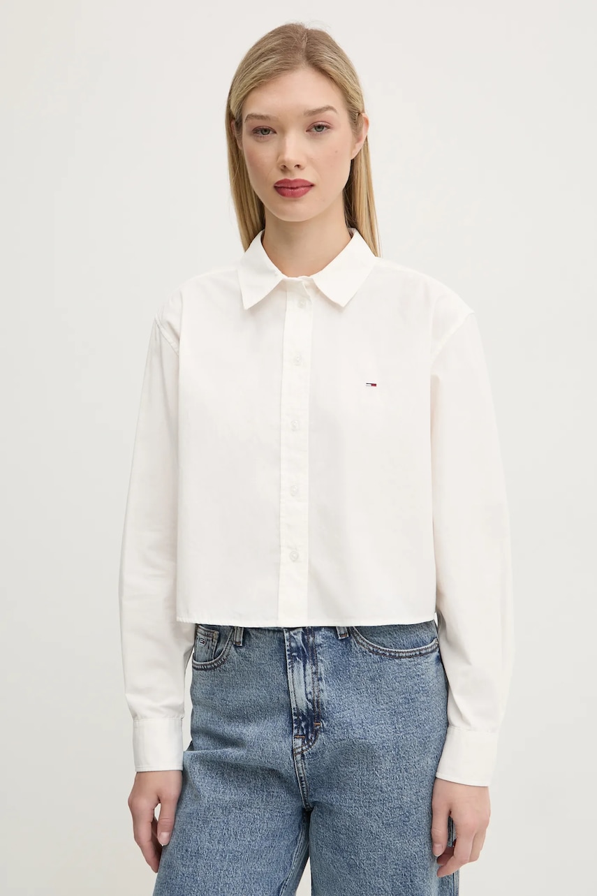 Tommy Jeans camasa din bumbac femei, culoarea alb, cu guler clasic, relaxed, DW0DW19354