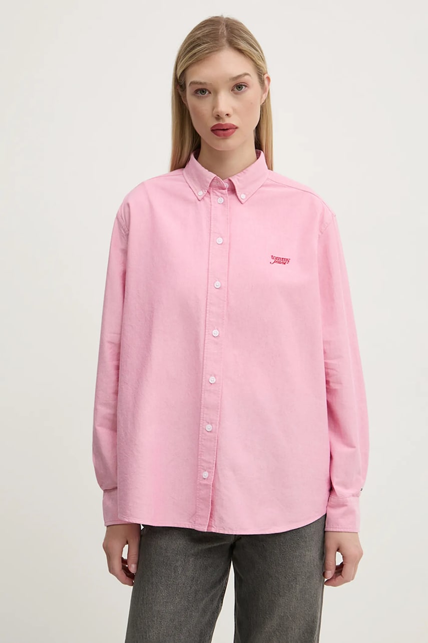 Tommy Jeans camasa din bumbac femei, culoarea roz, cu guler clasic, relaxed, DW0DW19358 Tommy Jeans camasa din bumbac femei, culoarea roz, cu guler clasic, relaxed, DW0DW19358