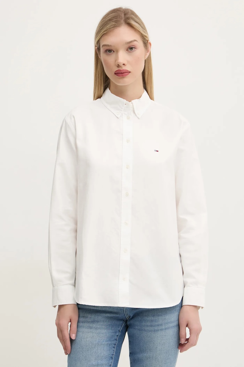 Tommy Jeans camasa din bumbac femei, culoarea bej, cu guler clasic, regular, DW0DW19890 Tommy Jeans camasa din bumbac femei, culoarea bej, cu guler clasic, regular, DW0DW19890