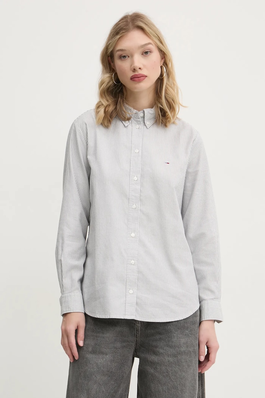 Tommy Jeans camasa din bumbac femei, culoarea gri, cu guler clasic, regular, DW0DW19890 Tommy Jeans camasa din bumbac femei, culoarea gri, cu guler clasic, regular, DW0DW19890