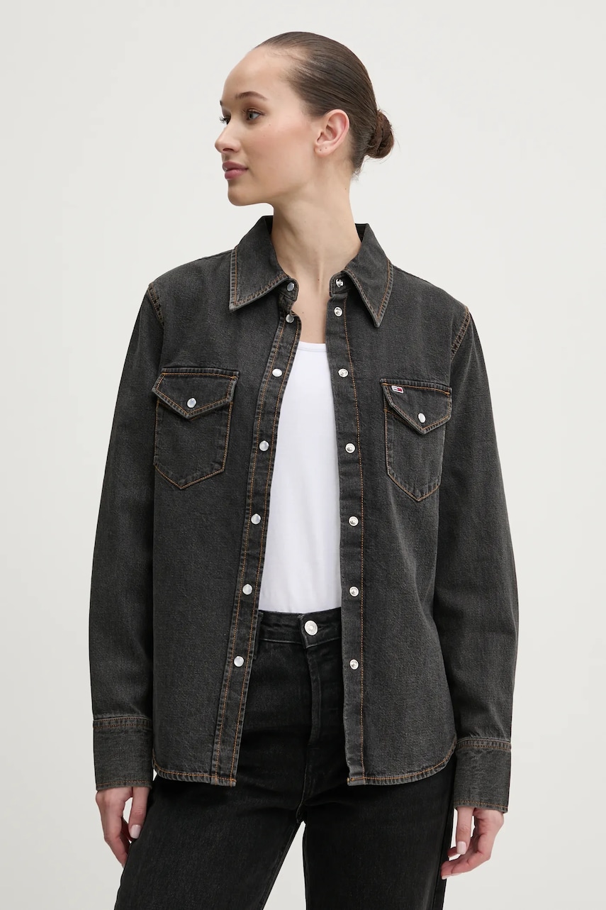 Tommy Jeans camasa din bumbac femei, culoarea gri, cu guler clasic, regular, DW0DW20179 Tommy Jeans camasa din bumbac femei, culoarea gri, cu guler clasic, regular, DW0DW20179