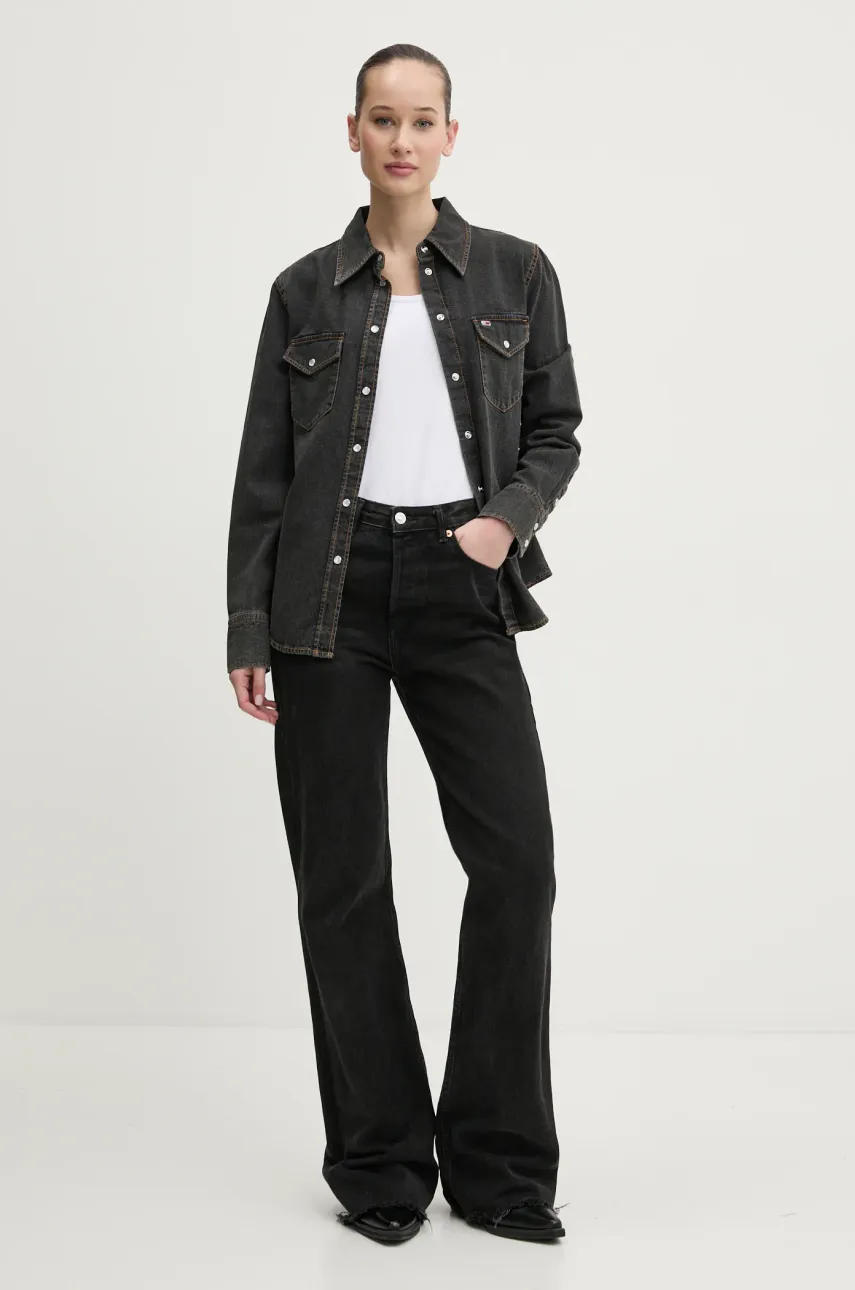 Хлопковая рубашка Tommy Jeans женская цвет серый regular классический воротник DW0DW20179 Хлопковая рубашка Tommy Jeans женская цвет серый regular классический воротник DW0DW20179