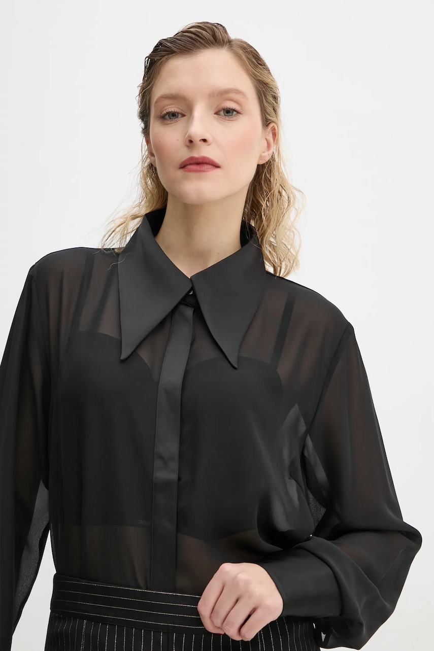 Gestuz camasa femei, culoarea negru, cu guler clasic, regular, 10909639