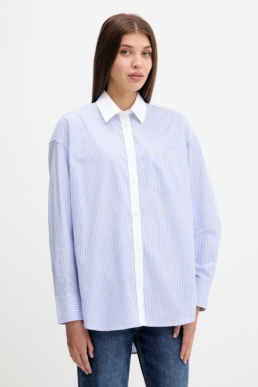 Levně Bavlněná košile Guess Jeans dámská, modrá barva, relaxed, s klasickým límcem, W5RH94 WGZ11