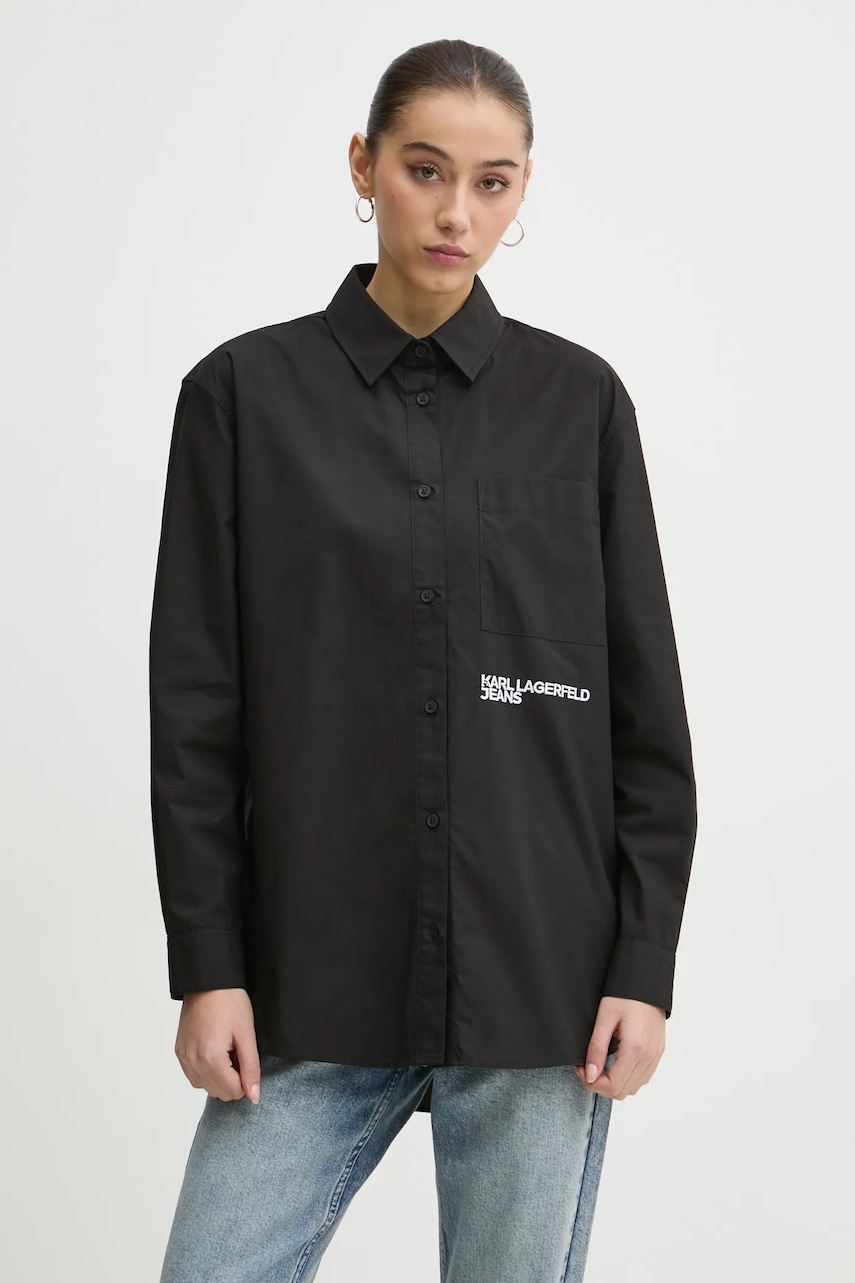 Karl Lagerfeld Jeans cămașă din bumbac femei, culoarea negru, cu guler clasic, relaxed, A1W11001 Karl Lagerfeld Jeans cămașă din bumbac femei, culoarea negru, cu guler clasic, relaxed, A1W11001