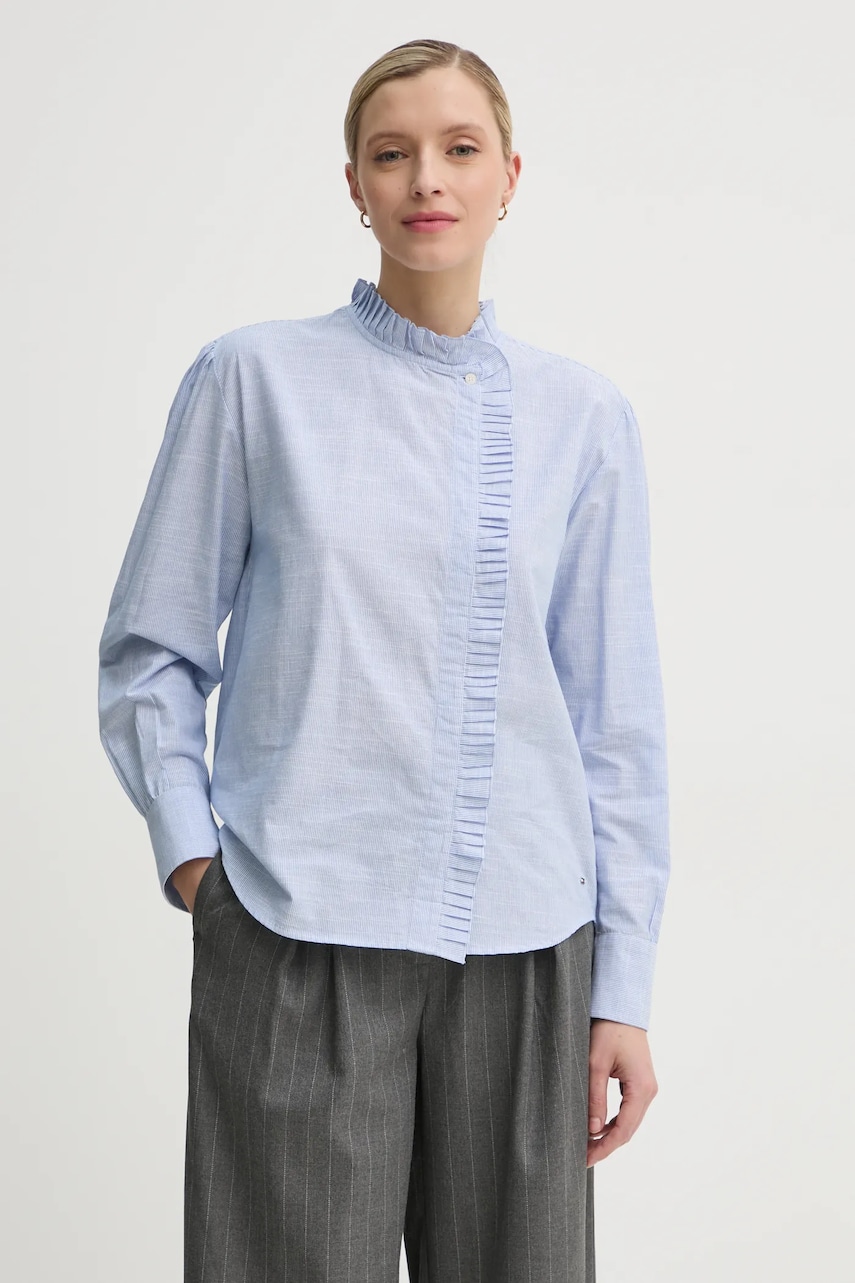 Levně Bavlněná košile Tommy Hilfiger modrá barva, regular, se stojáčkem, WW0WW44063
