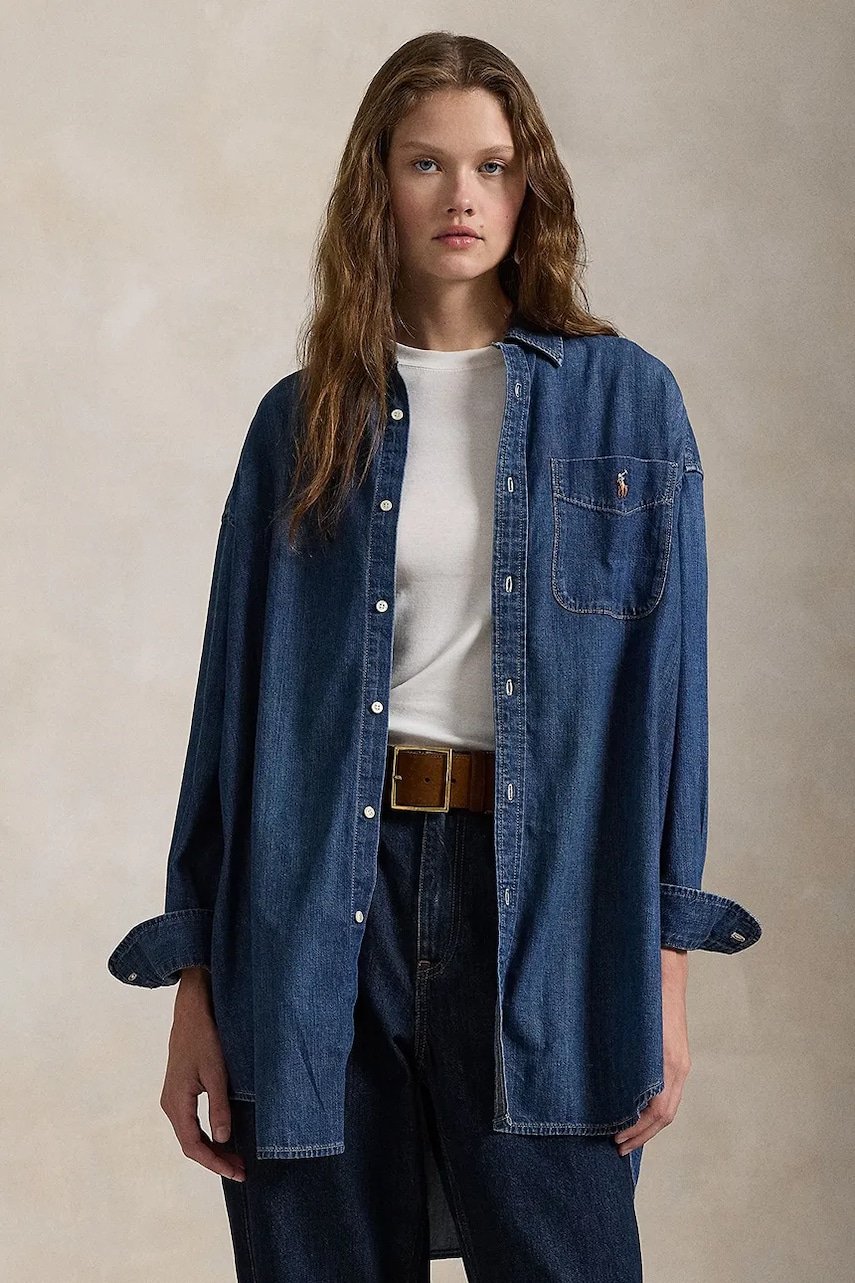 Levně Džínová košile Polo Ralph Lauren dámská, modrá barva, relaxed, s klasickým límcem, 211959035