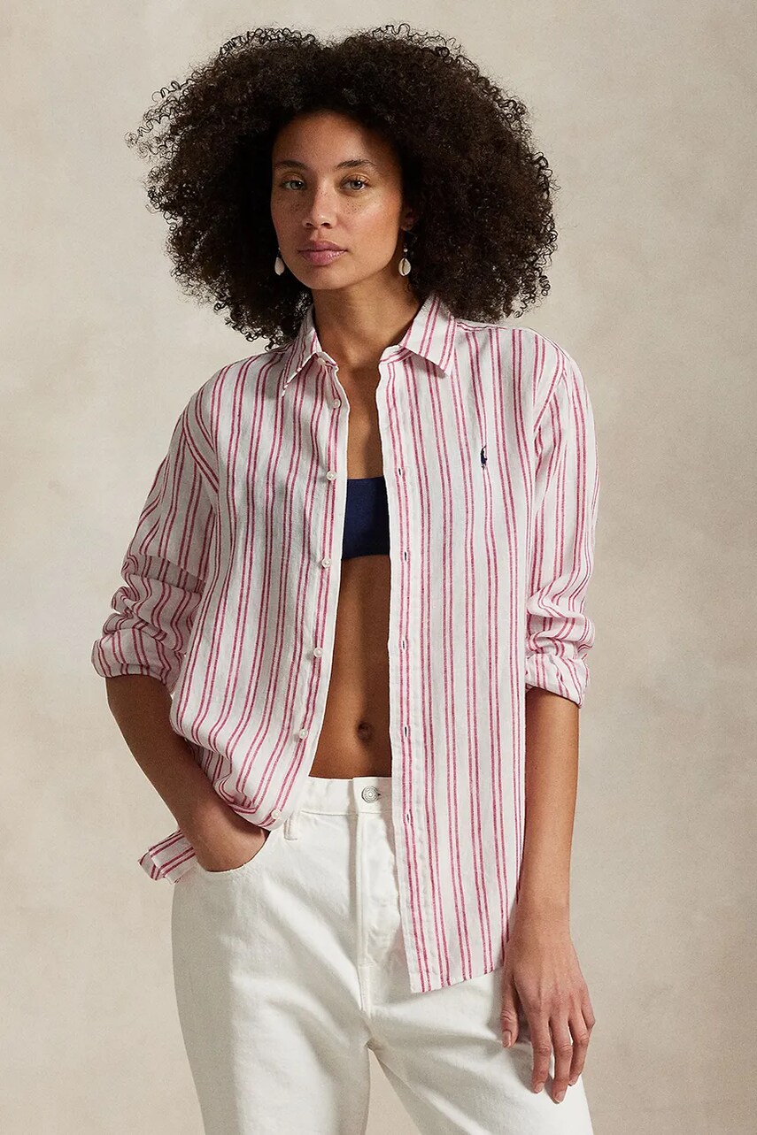 Levně Lněná košile Polo Ralph Lauren dámská, bílá barva, regular, s klasickým límcem, 211970691