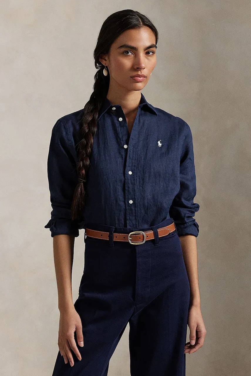 Levně Lněná košile Polo Ralph Lauren tmavomodrá barva, regular, s klasickým límcem, 211970730