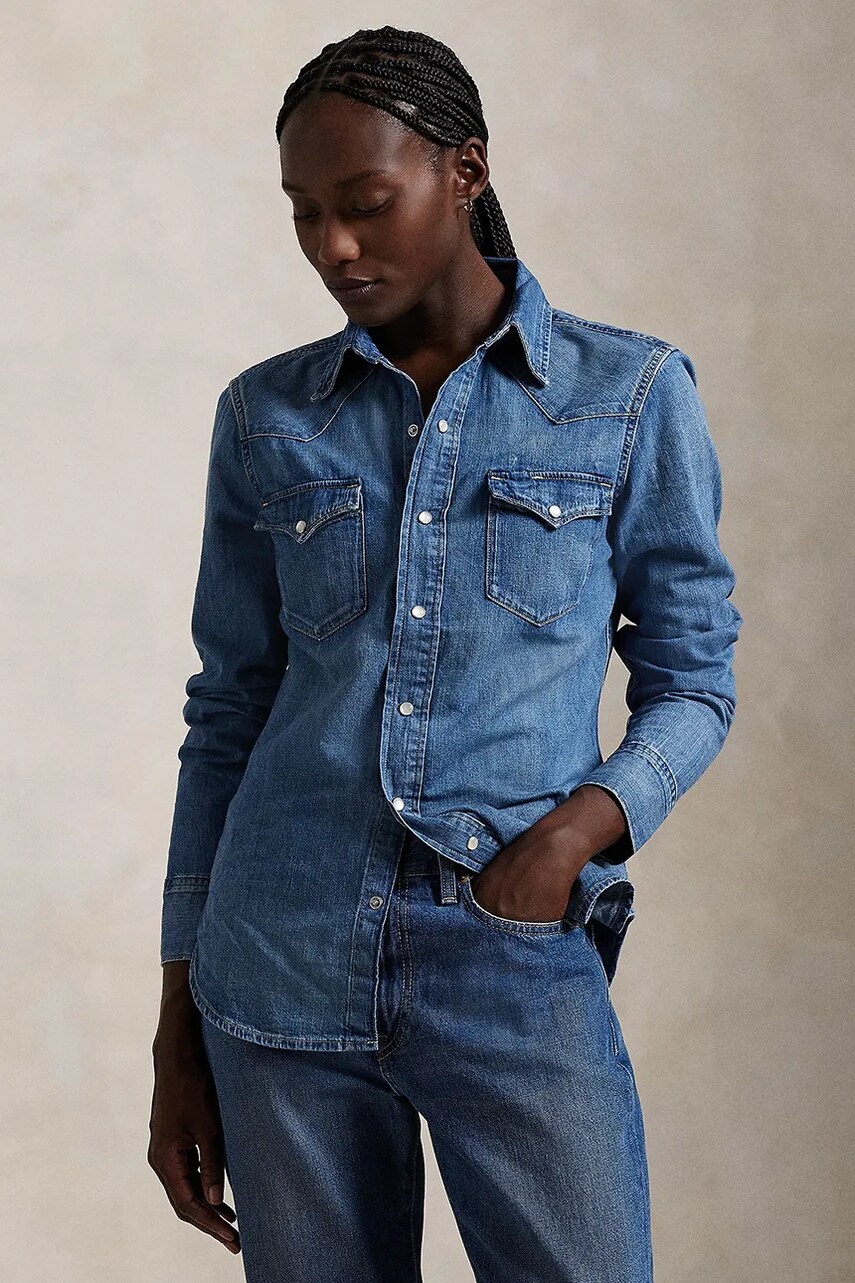 Levně Košile Polo Ralph Lauren dámská, modrá barva, regular, s klasickým límcem, 211969402