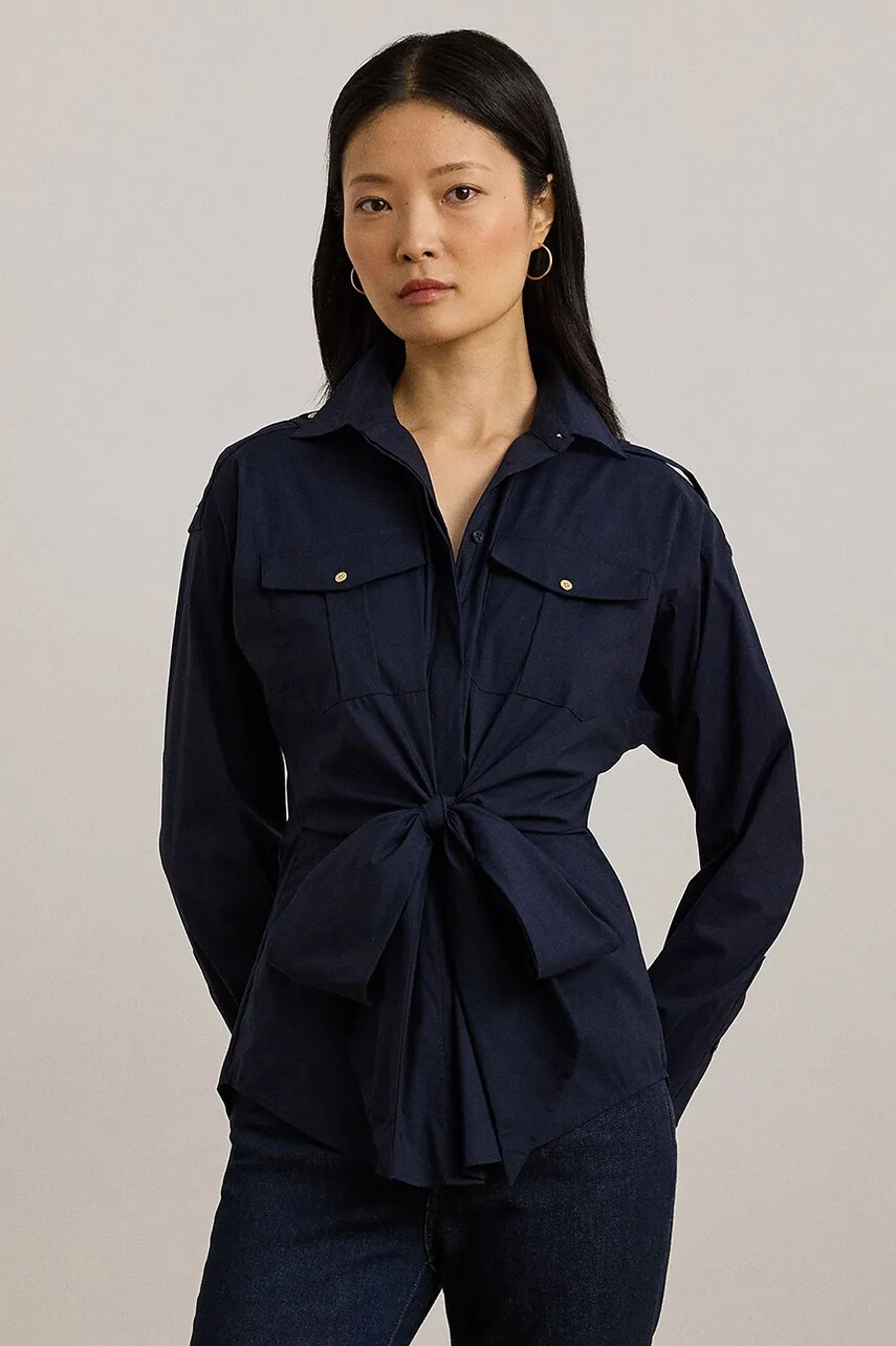 Levně Košile Lauren Ralph Lauren dámská, tmavomodrá barva, slim, s klasickým límcem, 200957112