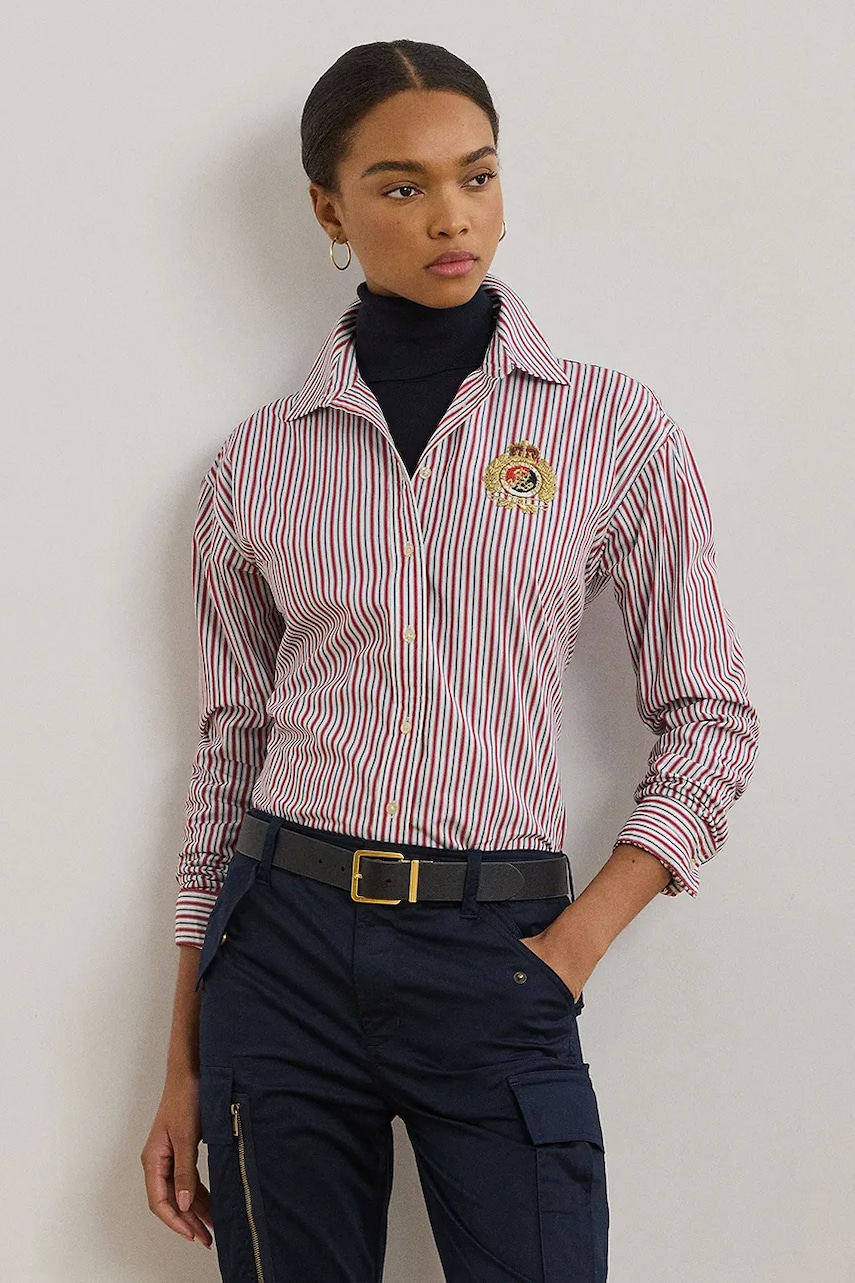 

Памучна риза Lauren Ralph Lauren дамска в тъмносиньо със свободна кройка с класическа яка 200962945, Бордо