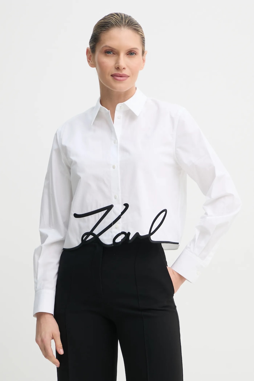 Karl Lagerfeld cămașă din bumbac femei, culoarea alb, cu guler clasic, regular, A1W11002 Karl Lagerfeld cămașă din bumbac femei, culoarea alb, cu guler clasic, regular, A1W11002