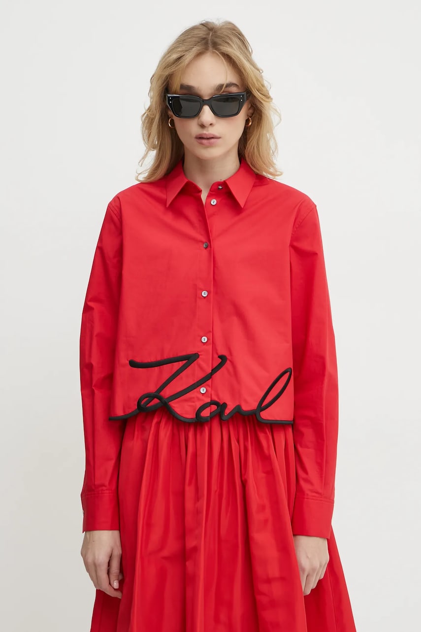 Karl Lagerfeld cămașă din bumbac femei, culoarea roșu, cu guler clasic, regular, A1W11002