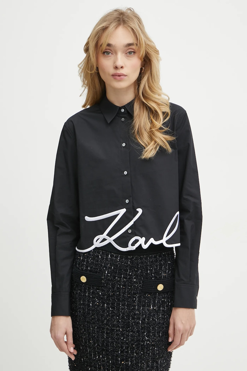 Karl Lagerfeld cămașă din bumbac femei, culoarea negru, cu guler clasic, regular, A1W11002 Karl Lagerfeld cămașă din bumbac femei, culoarea negru, cu guler clasic, regular, A1W11002