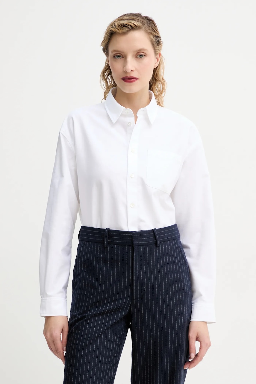 A.P.C. camasa din bumbac chemise boyfriend brodee femei, culoarea alb, cu guler clasic, relaxed, COECK.F12550 A.P.C. camasa din bumbac chemise boyfriend brodee femei, culoarea alb, cu guler clasic, relaxed, COECK.F12550