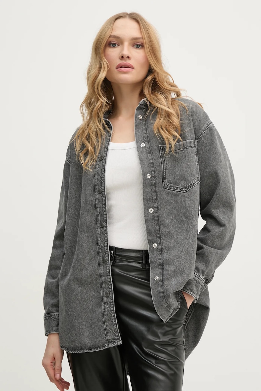 Pepe Jeans camasa jeans OVERSHIRT femei, culoarea gri, cu guler clasic, relaxed, PL304963UM9 Pepe Jeans camasa jeans OVERSHIRT femei, culoarea gri, cu guler clasic, relaxed, PL304963UM9