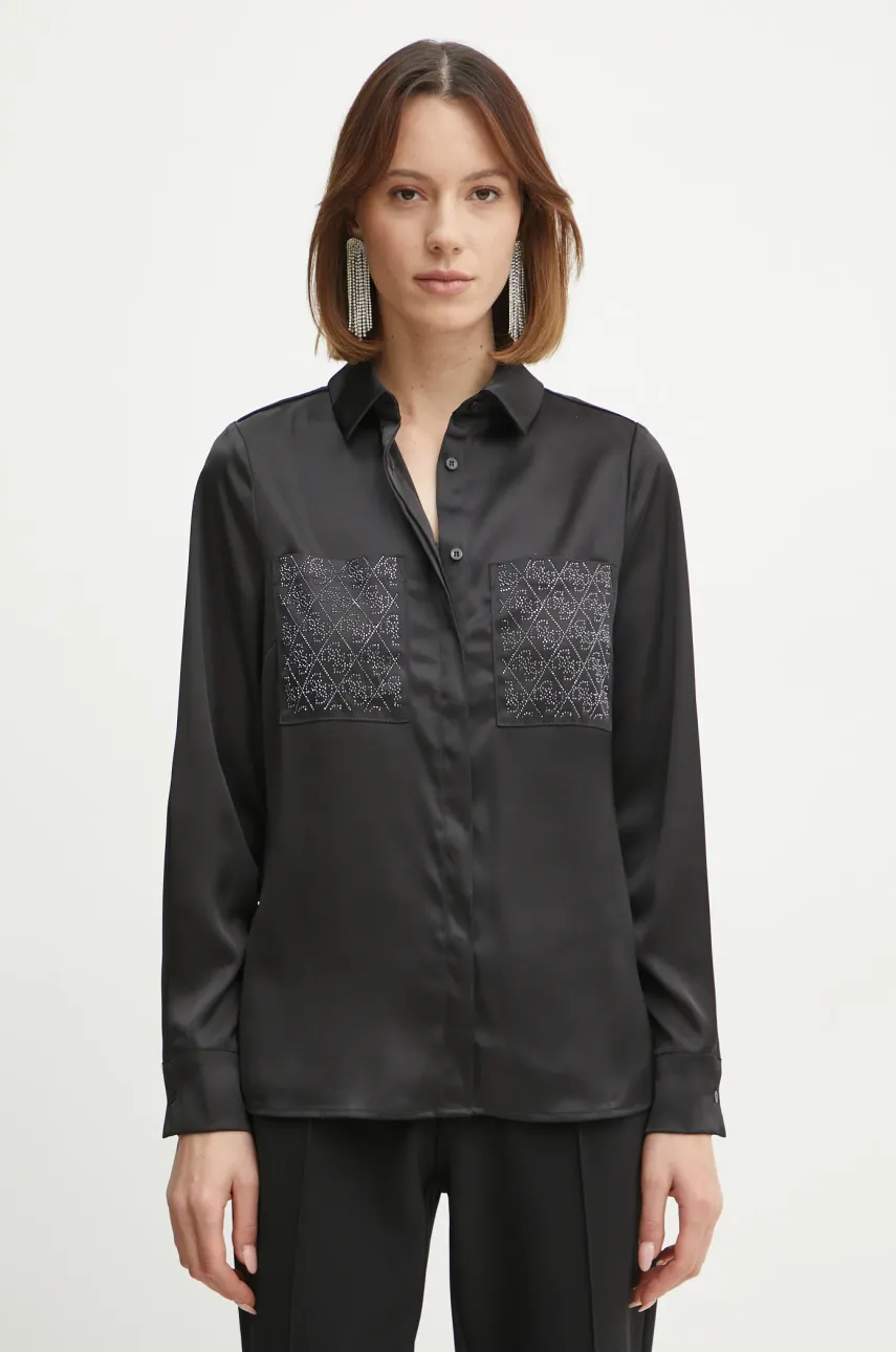 Košile Guess MARGUERITE dámská, černá barva, regular, s klasickým límcem, W5RH40 WFQC2