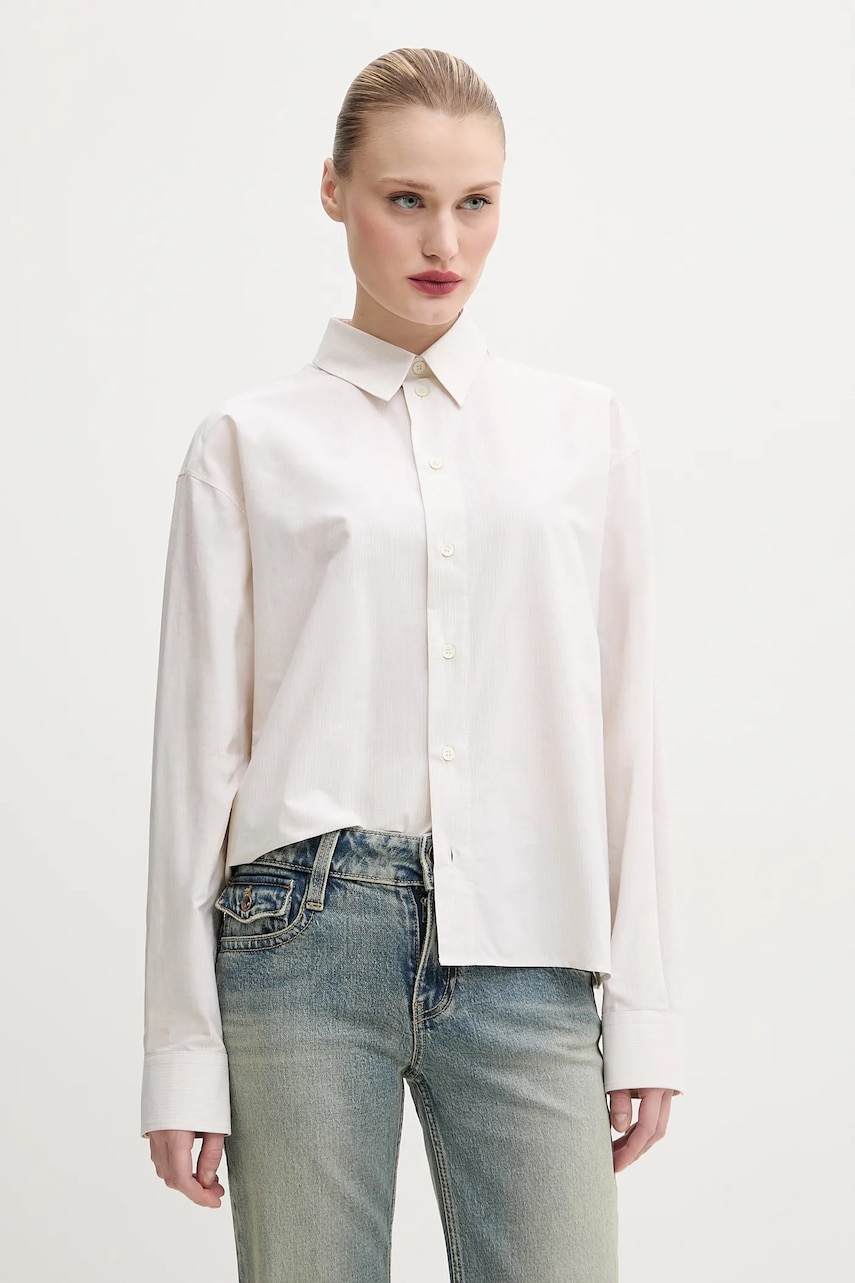 MM6 Maison Margiela camasa din bumbac femei, culoarea bej, cu guler clasic, relaxed, S52DT0043 MM6 Maison Margiela camasa din bumbac femei, culoarea bej, cu guler clasic, relaxed, S52DT0043