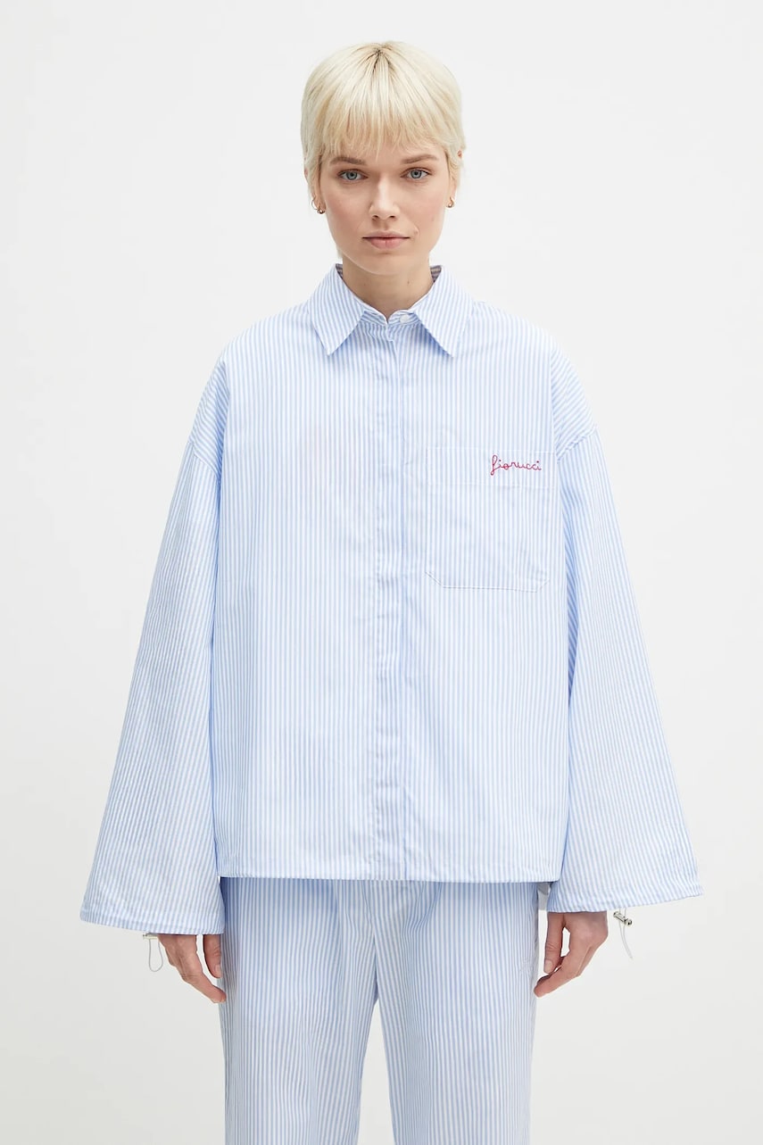 Fiorucci cămașă din bumbac Striped Embroidered Drawstring Shirt femei, cu guler clasic, relaxed, W02SPTLO170CO01BL02