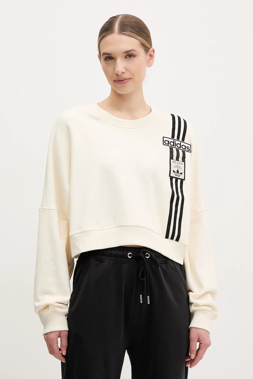 adidas Originals hanorac de bumbac Adibreak Cropped Sweatshirt femei, culoarea bej, cu imprimeu, JD0084