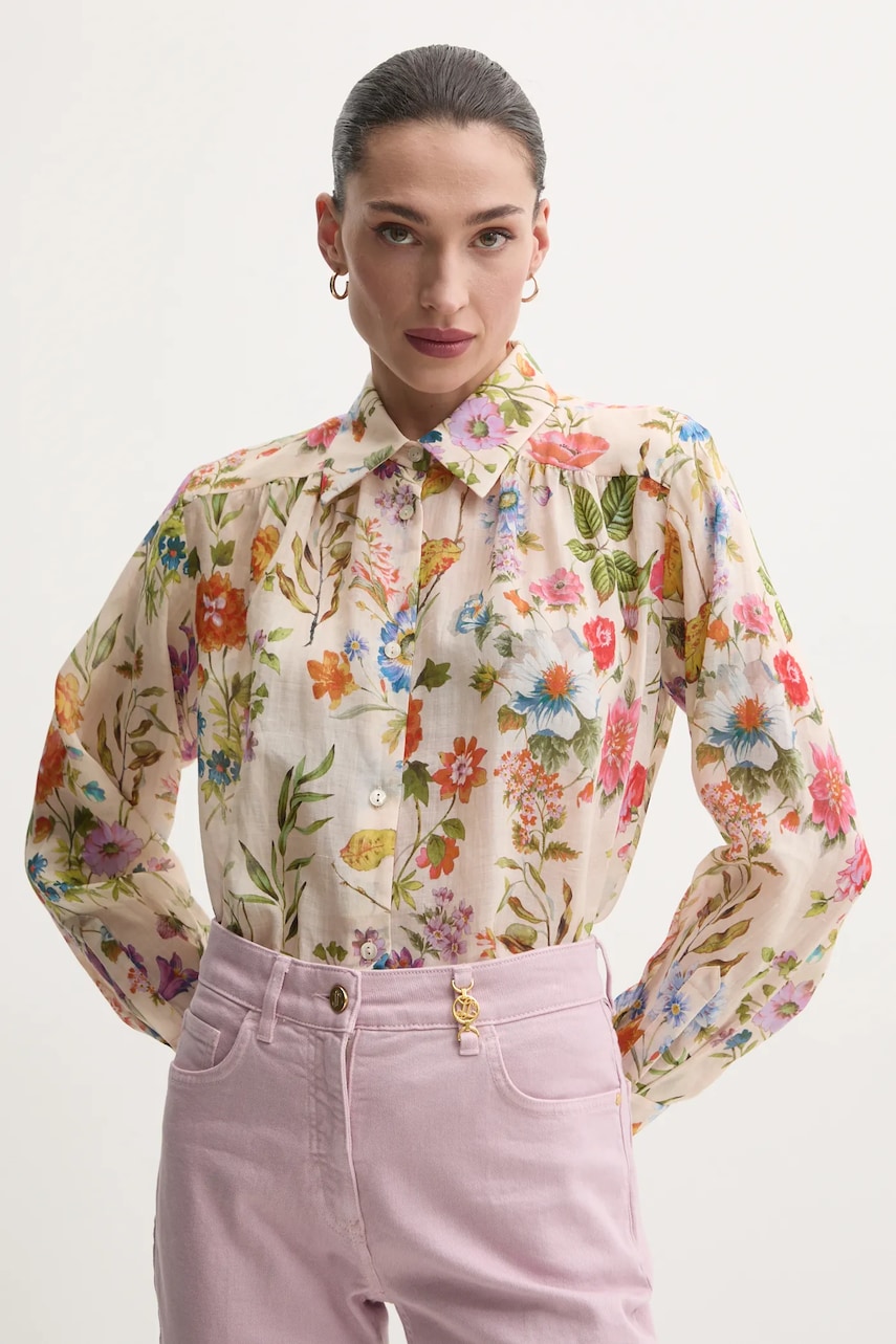 Luisa Spagnoli camasa femei, culoarea bej, cu guler clasic, regular, 541819 Luisa Spagnoli camasa femei, culoarea bej, cu guler clasic, regular, 541819