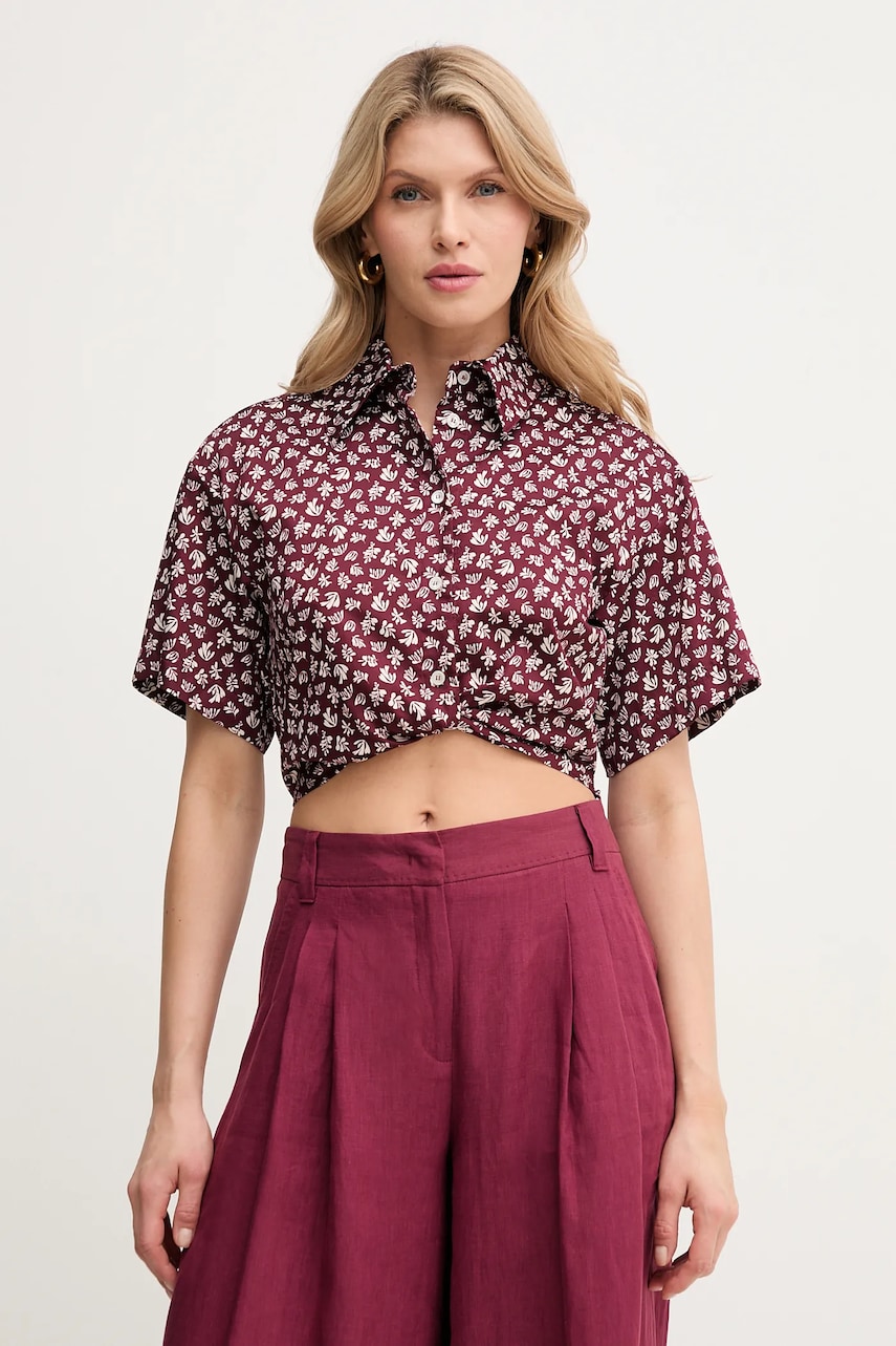 Marella cămașă din bumbac MOCA femei, culoarea bordo, cu guler clasic, regular, 2513111042200 Marella cămașă din bumbac MOCA femei, culoarea bordo, cu guler clasic, regular, 2513111042200