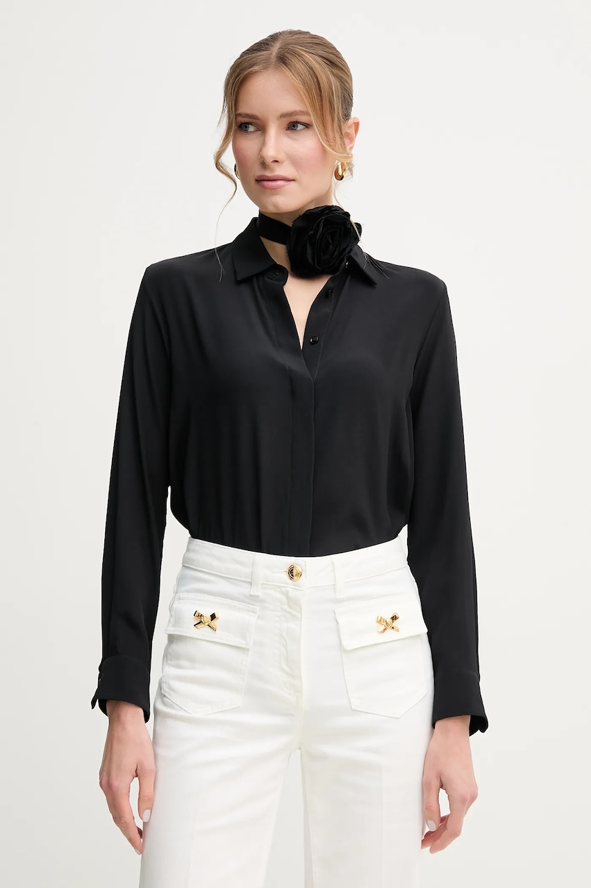 Marella cămașă din amestec de mătase INACO femei, culoarea negru, cu guler clasic, regular, 2513111161200