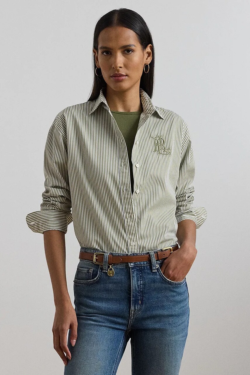 Levně Bavlněná košile Lauren Ralph Lauren dámské, zelená barva, regular, s klasickým límcem, 200963670