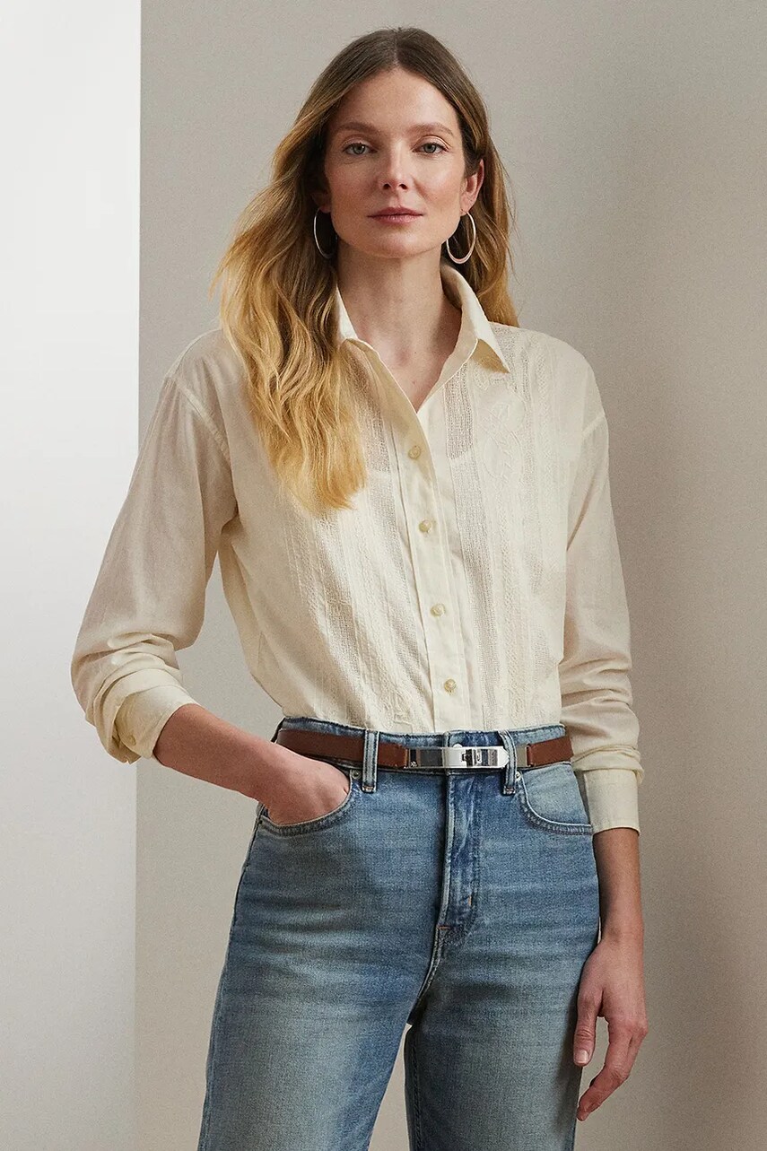 Levně Bavlněná košile Lauren Ralph Lauren dámské, béžová barva, relaxed, s klasickým límcem, 200963736