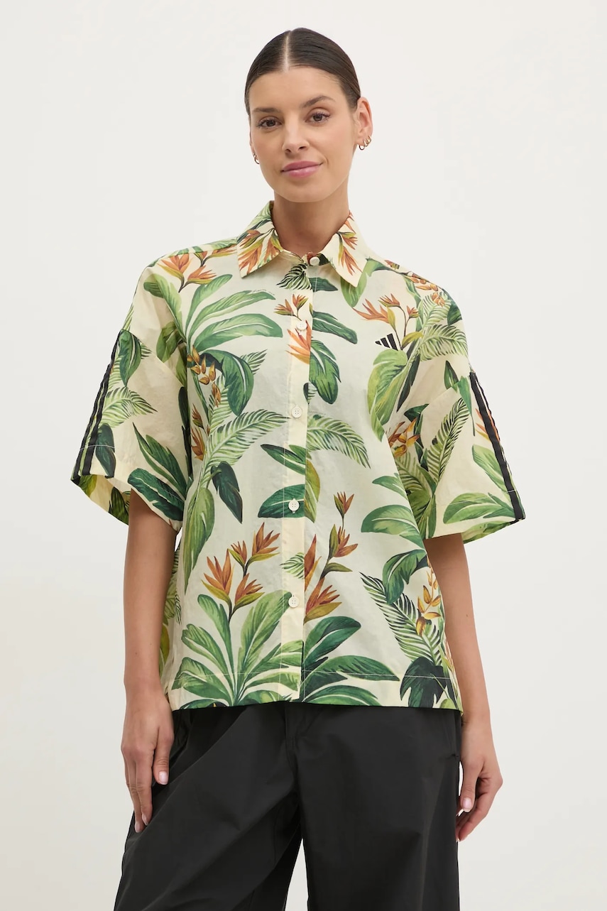 adidas camasa x Farm Rio femei, culoarea bej, cu guler clasic, relaxed, JD6280 adidas camasa x Farm Rio femei, culoarea bej, cu guler clasic, relaxed, JD6280