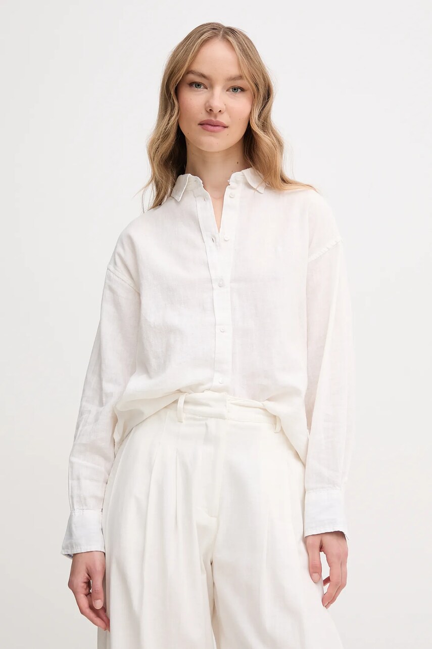 Pepe Jeans camasa de in CHIPPER femei, culoarea alb, cu guler clasic, relaxed, PL304993