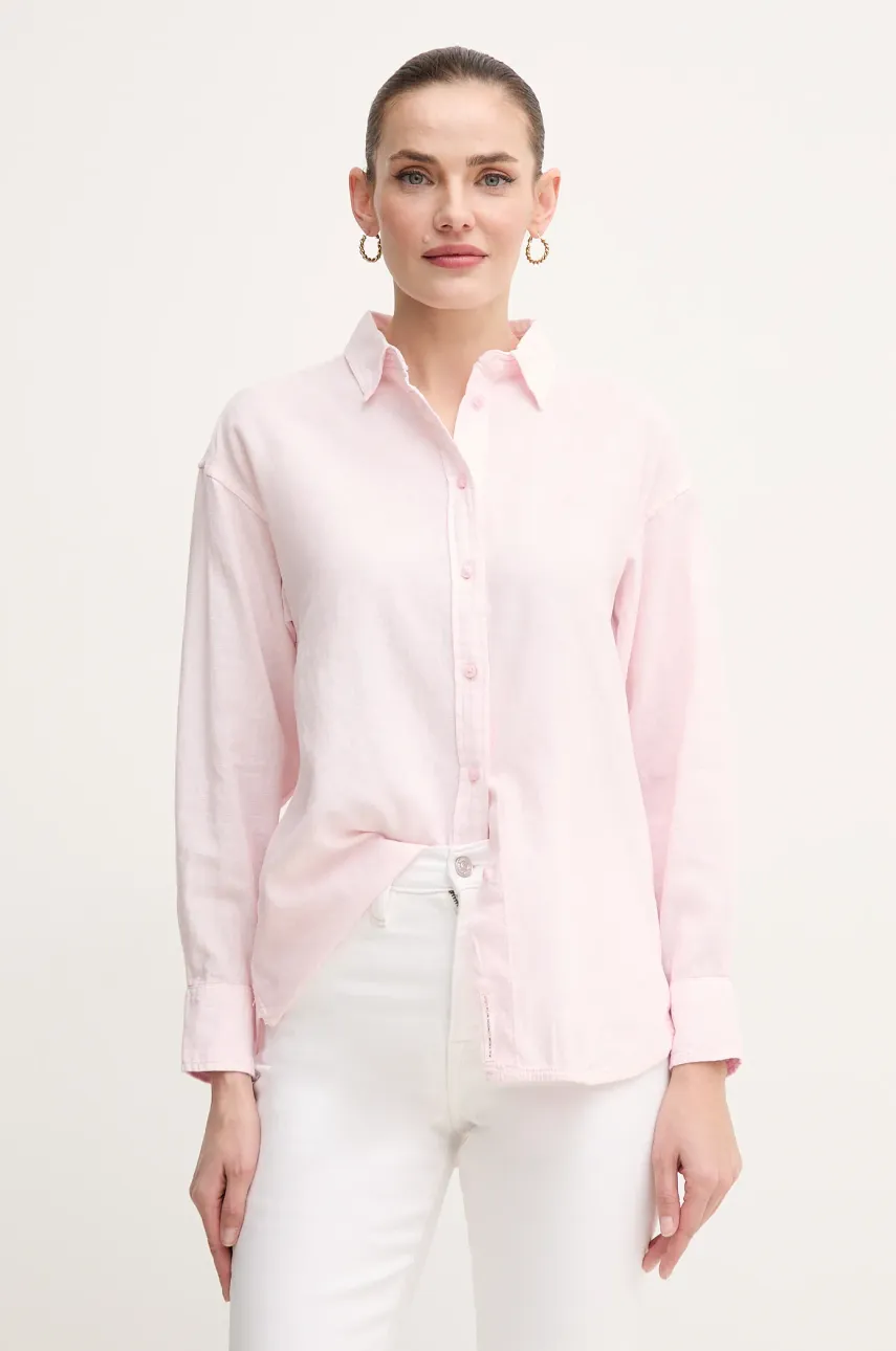 Pepe Jeans cămașă de in CHIPPER femei, culoarea roz, cu guler clasic, relaxed, PL304993