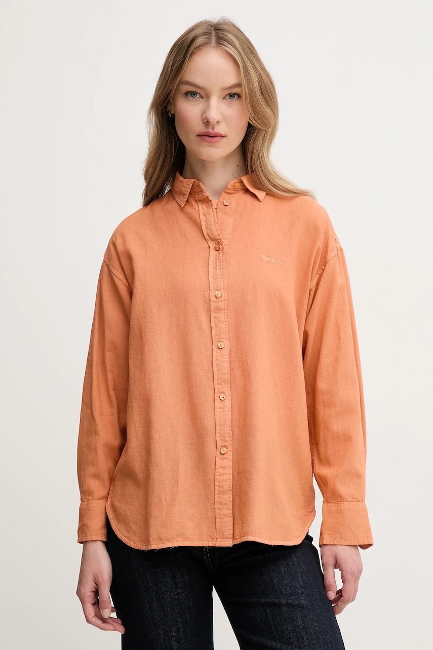 Pepe Jeans camasa de in CHIPPER femei, culoarea portocaliu, cu guler clasic, relaxed, PL304993