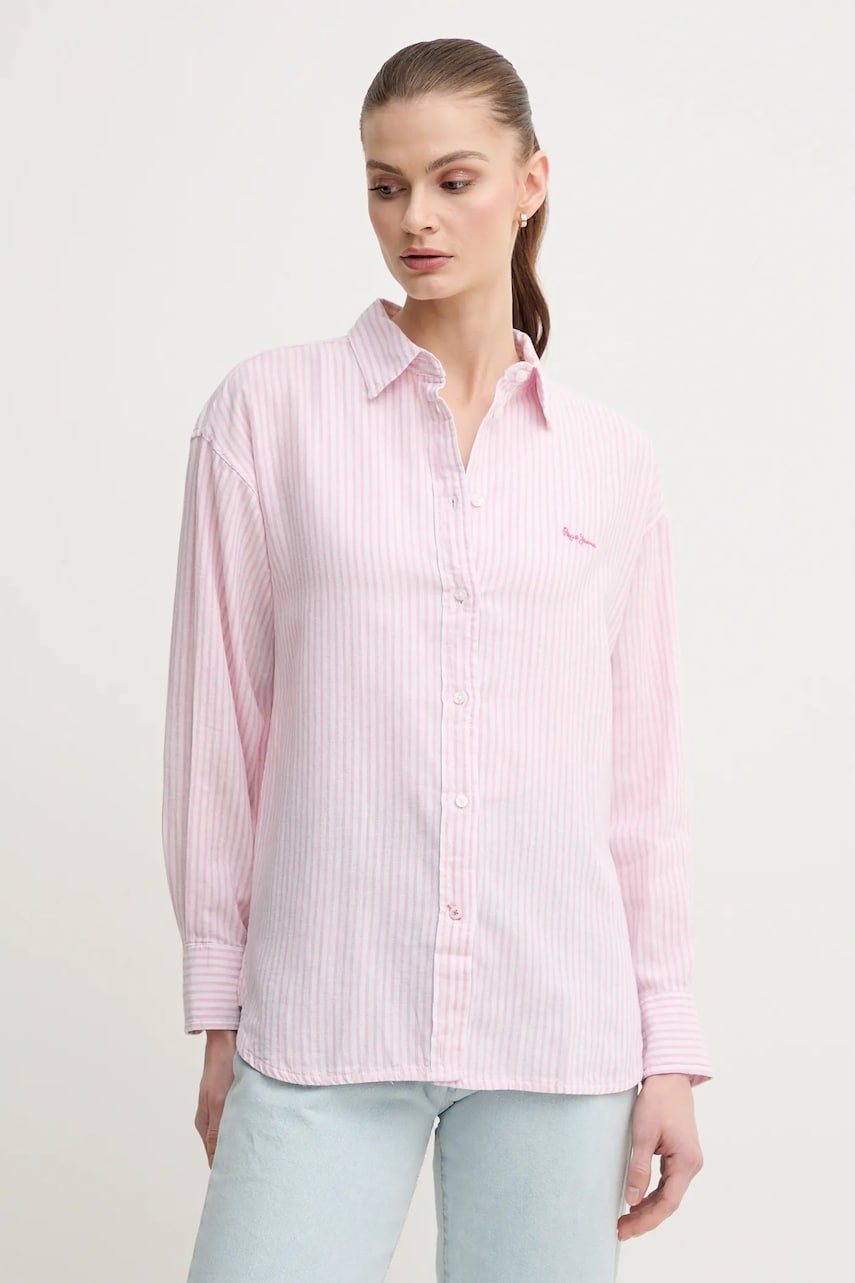 Pepe Jeans camasa de in DREAM femei, culoarea roz, cu guler clasic, regular, PL305033 Pepe Jeans camasa de in DREAM femei, culoarea roz, cu guler clasic, regular, PL305033