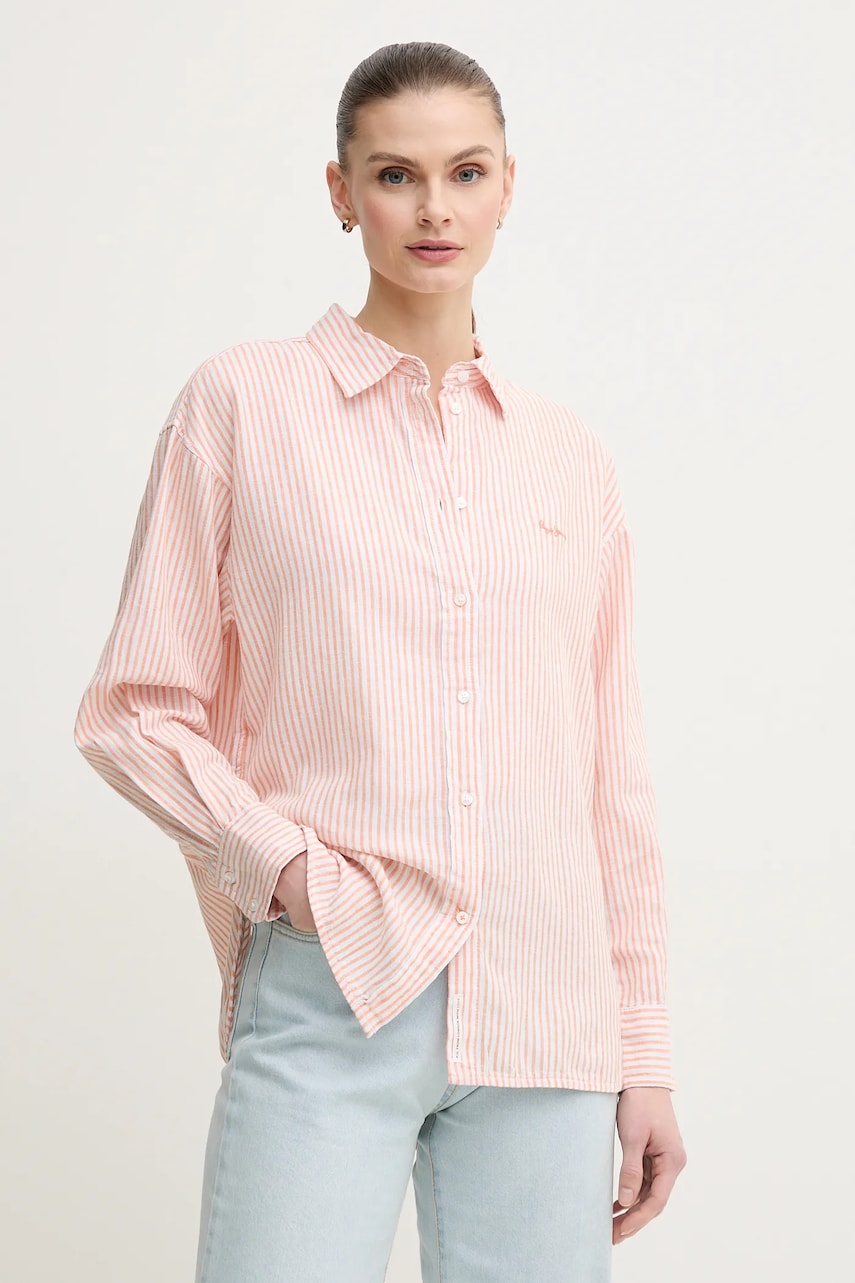 Pepe Jeans camasa de in DREAM femei, culoarea portocaliu, cu guler clasic, regular, PL305033 Pepe Jeans camasa de in DREAM femei, culoarea portocaliu, cu guler clasic, regular, PL305033