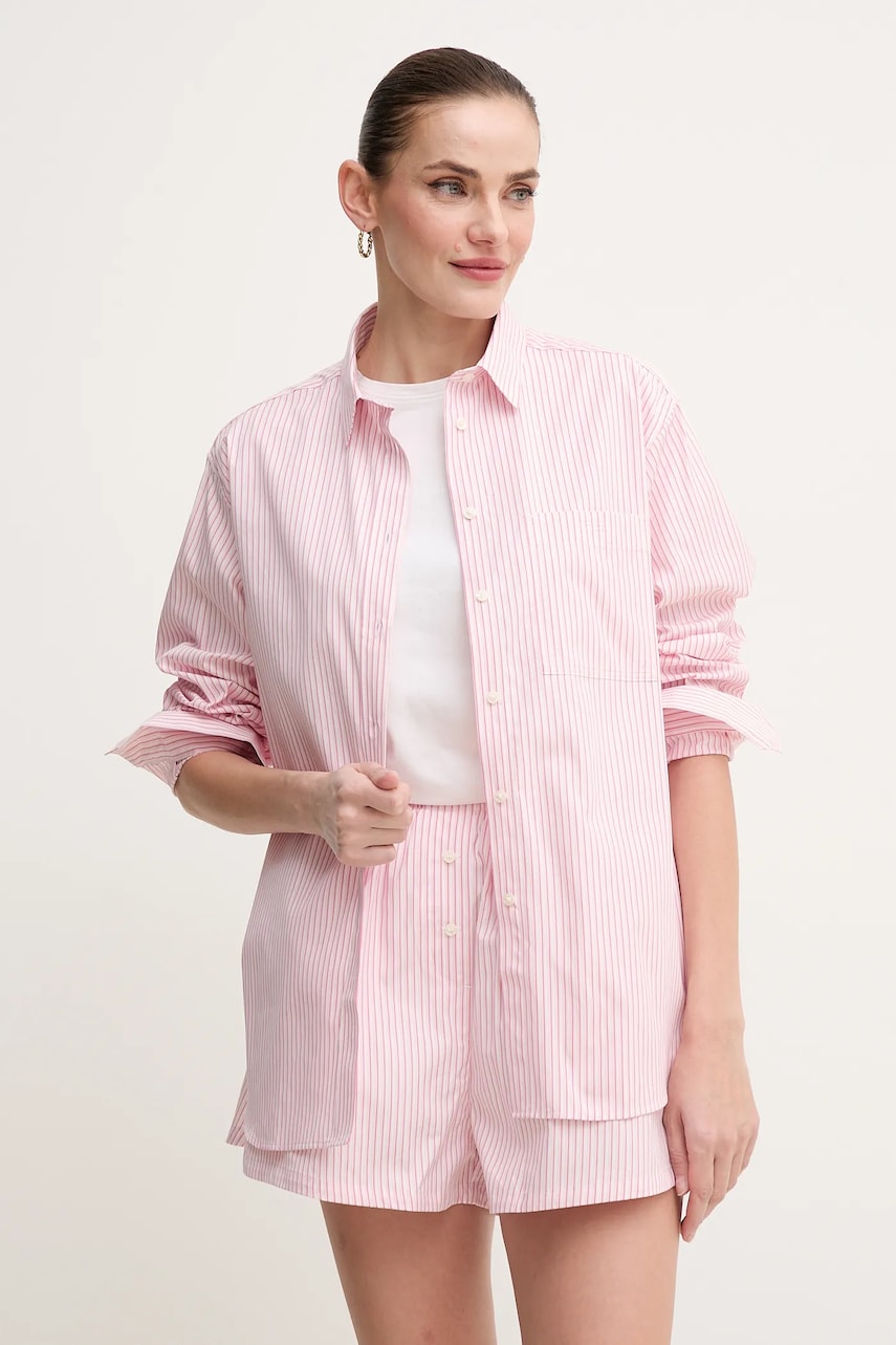 Lacoste cămașă din bumbac femei, culoarea roz, cu guler clasic, relaxed, CF0215 Lacoste cămașă din bumbac femei, culoarea roz, cu guler clasic, relaxed, CF0215