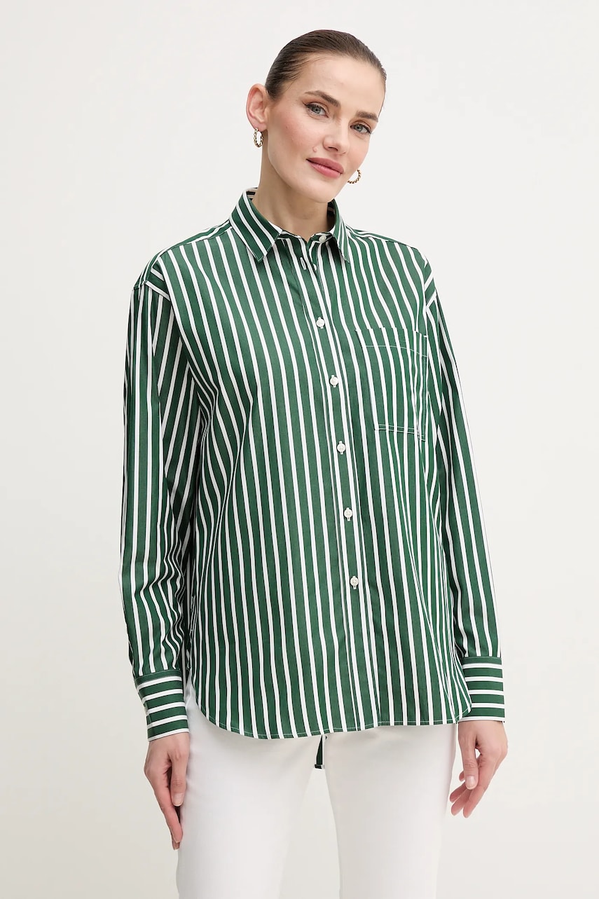 Lacoste cămașă din bumbac femei, culoarea verde, cu guler clasic, relaxed, CF0215 Lacoste cămașă din bumbac femei, culoarea verde, cu guler clasic, relaxed, CF0215