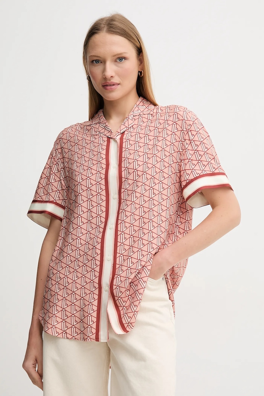 Lacoste cămașă femei, culoarea roz, cu guler clasic, relaxed, CF0495 Lacoste cămașă femei, culoarea roz, cu guler clasic, relaxed, CF0495