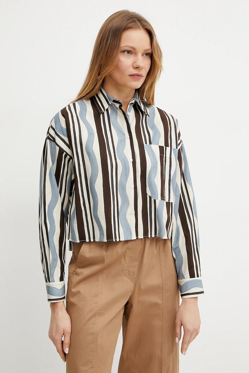 Weekend Max Mara cămașă din bumbac femei, culoarea maro, cu guler clasic, relaxed, 2515111112600