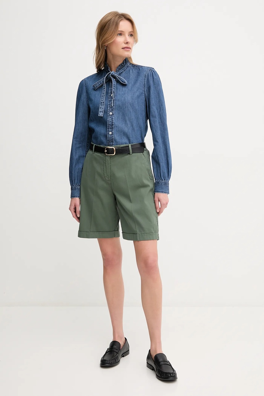 Хлопковая рубашка United Colors of Benetton цвет синий regular шнурованное декольте 5RZKDQ0BE