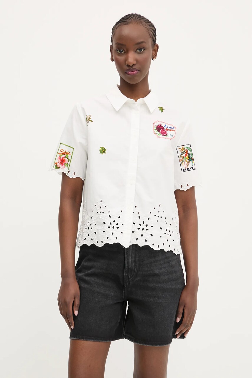 Desigual camasa din bumbac AFRODITA femei, culoarea alb, cu guler clasic, regular, 25SWCW17