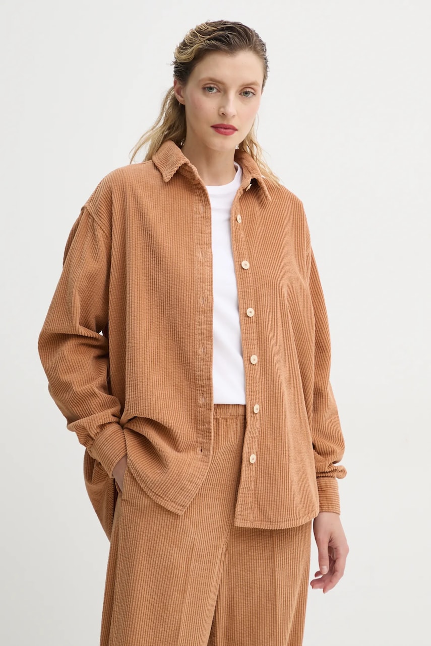American Vintage camasa din velur femei, culoarea maro, cu guler clasic, relaxed, PADO06AE25 American Vintage camasa din velur femei, culoarea maro, cu guler clasic, relaxed, PADO06AE25