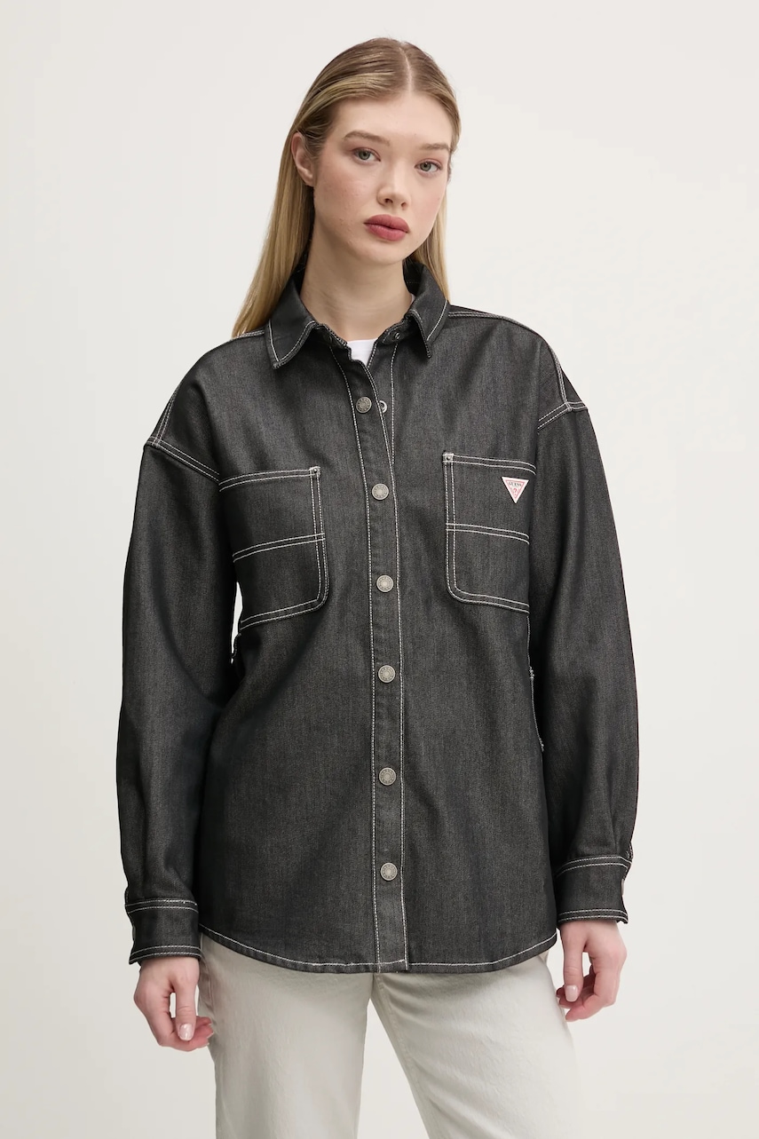 Levně Košile Guess Originals dámská, šedá barva, relaxed, s klasickým límcem, W5RG67 D5L30