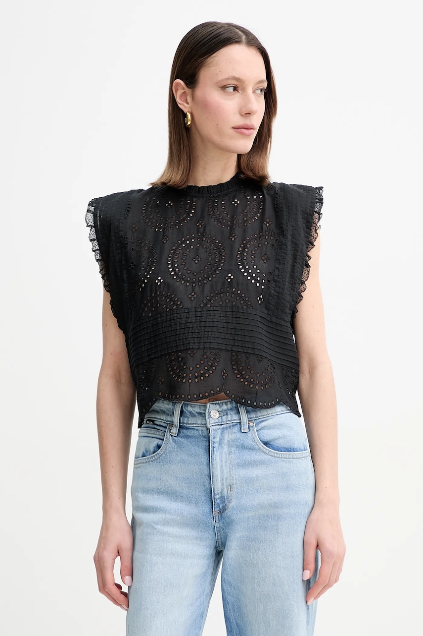 BOSS Orange bluză din bumbac femei, culoarea negru, cu imprimeu, 50538349 BOSS Orange bluză din bumbac femei, culoarea negru, cu imprimeu, 50538349