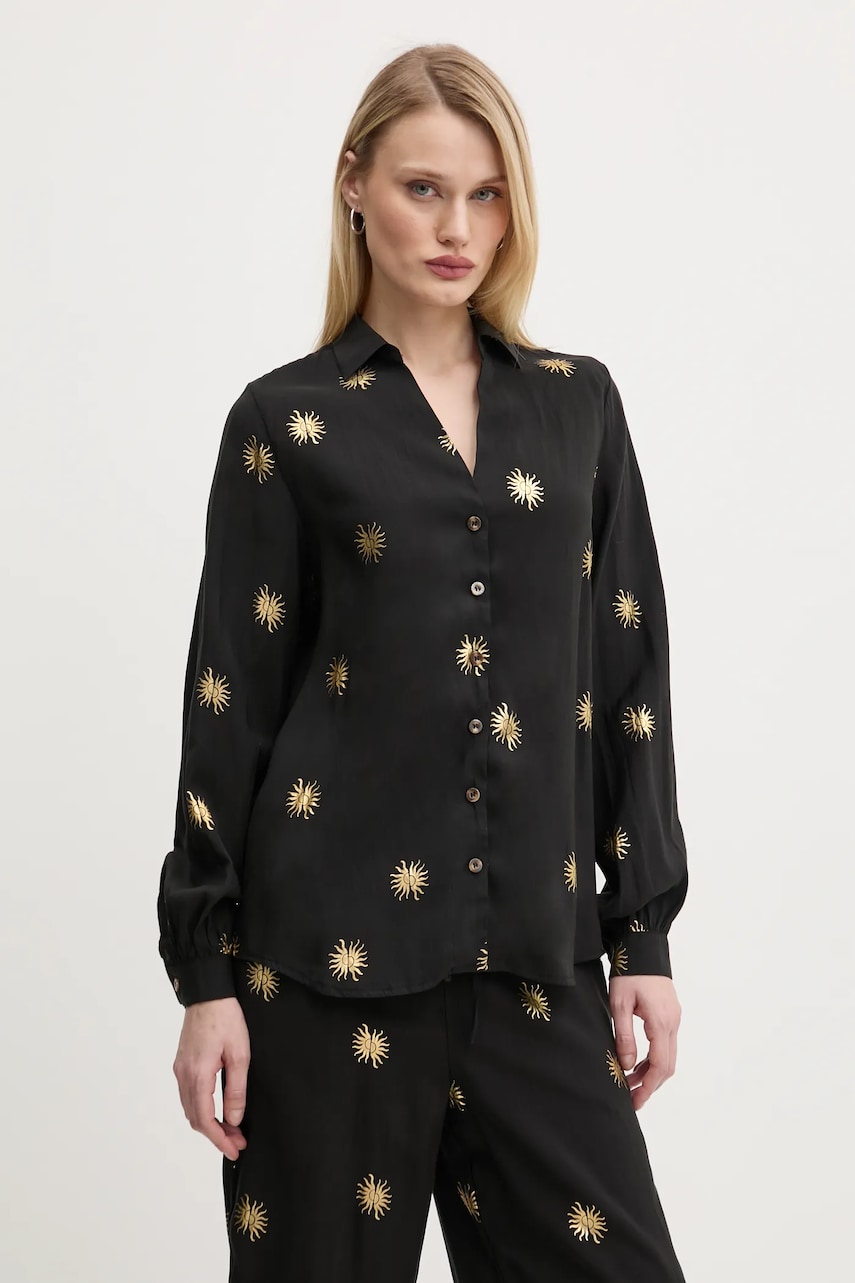 Never Fully Dressed camasa Gold Sun Miley femei, culoarea negru, cu guler clasic, relaxed, NFDTO1492 Never Fully Dressed camasa Gold Sun Miley femei, culoarea negru, cu guler clasic, relaxed, NFDTO1492