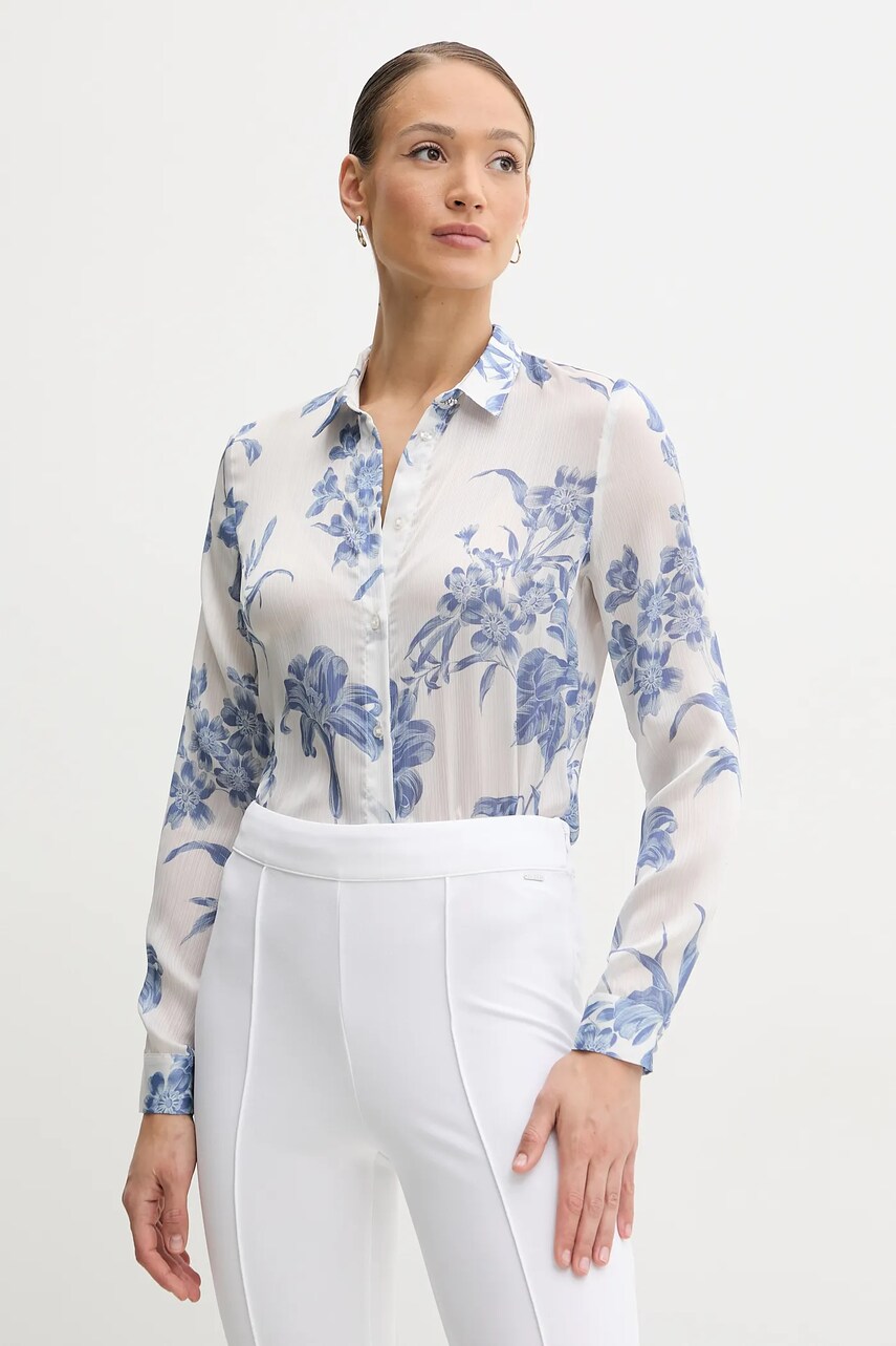 Levně Košile Guess CLOUIS dámská, bílá barva, regular, s klasickým límcem, W5GH59 WDW82