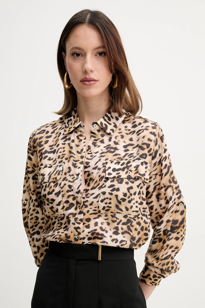 Levně Košile Guess ENORA dámská, béžová barva, regular, s klasickým límcem, W5GH83 WH5N2